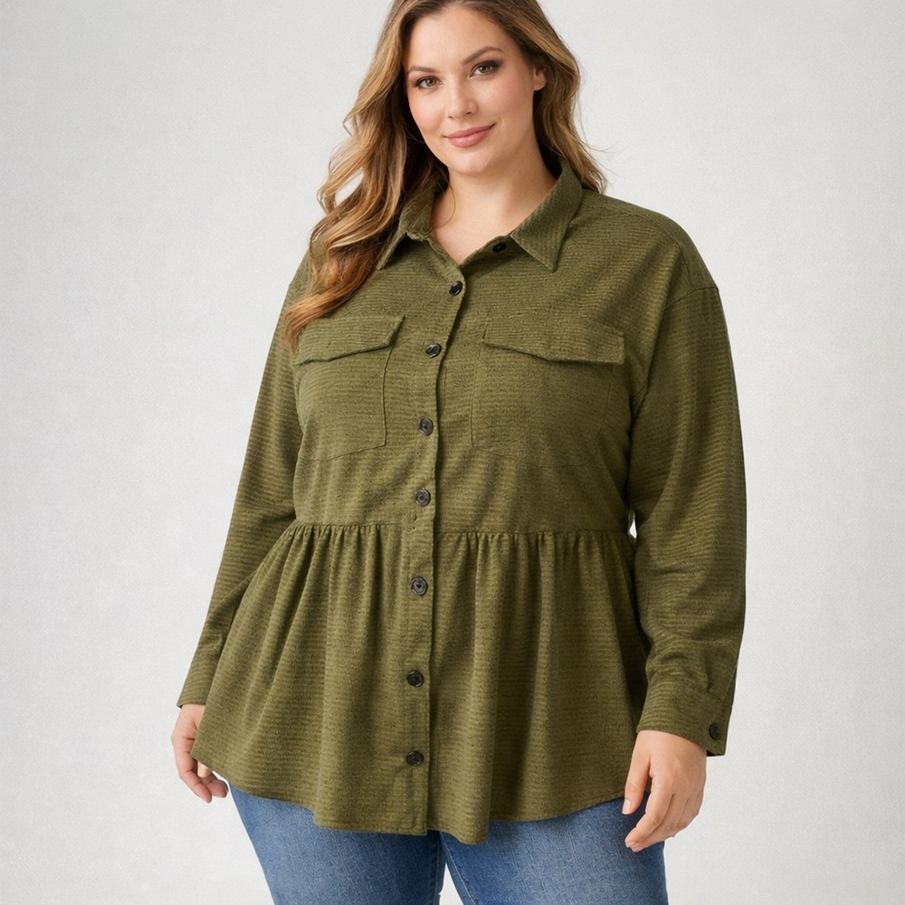 Emery Rose 1XL Olive Green Button Front Peplum Blouse Top